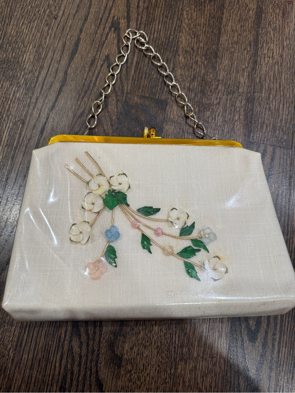 Vintage Mid-Century 50s Purse with Floral Appliqué Vinyl Overlay Kiss-Lock